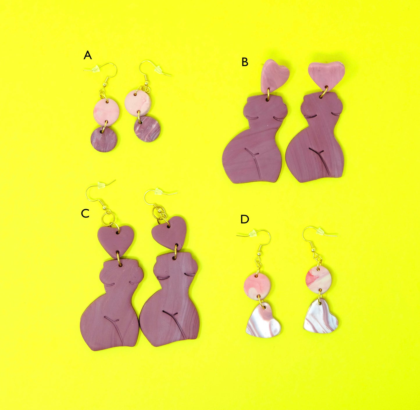 One Off Handmade Polymer Clay Earrings - Assorted Hearts and Female Nude Earrings - Valentine's Day Collection