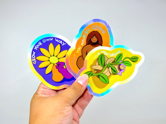 Floral Ladies Holographic Sticker Gift Set - 3 for 2 Sticker Bundle - Body Positive Colourful Stickers