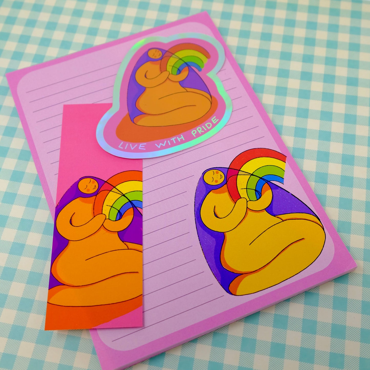 Rainbow Goddess Stationary Gift Set - Live With Pride Stationary Bundle - Pink LGBTQIA Notepad, Bookmark and Sticker