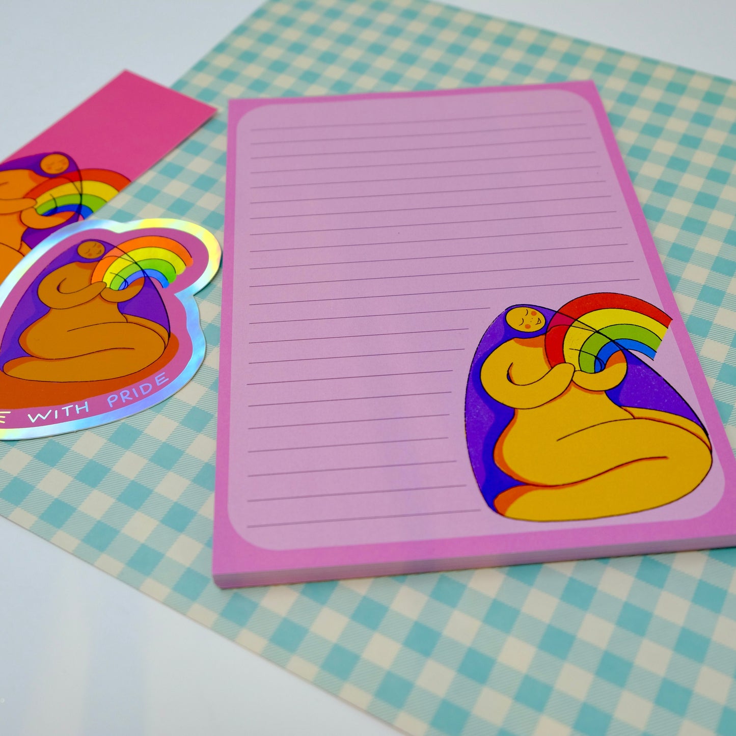 Rainbow Goddess Stationary Gift Set - Live With Pride Stationary Bundle - Pink LGBTQIA Notepad, Bookmark and Sticker