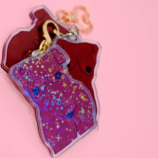 Holographic Acrylic Keyring with Heart Clip - Body Positive Self Image Illustration Key Chain - Nude Self Love Keyring