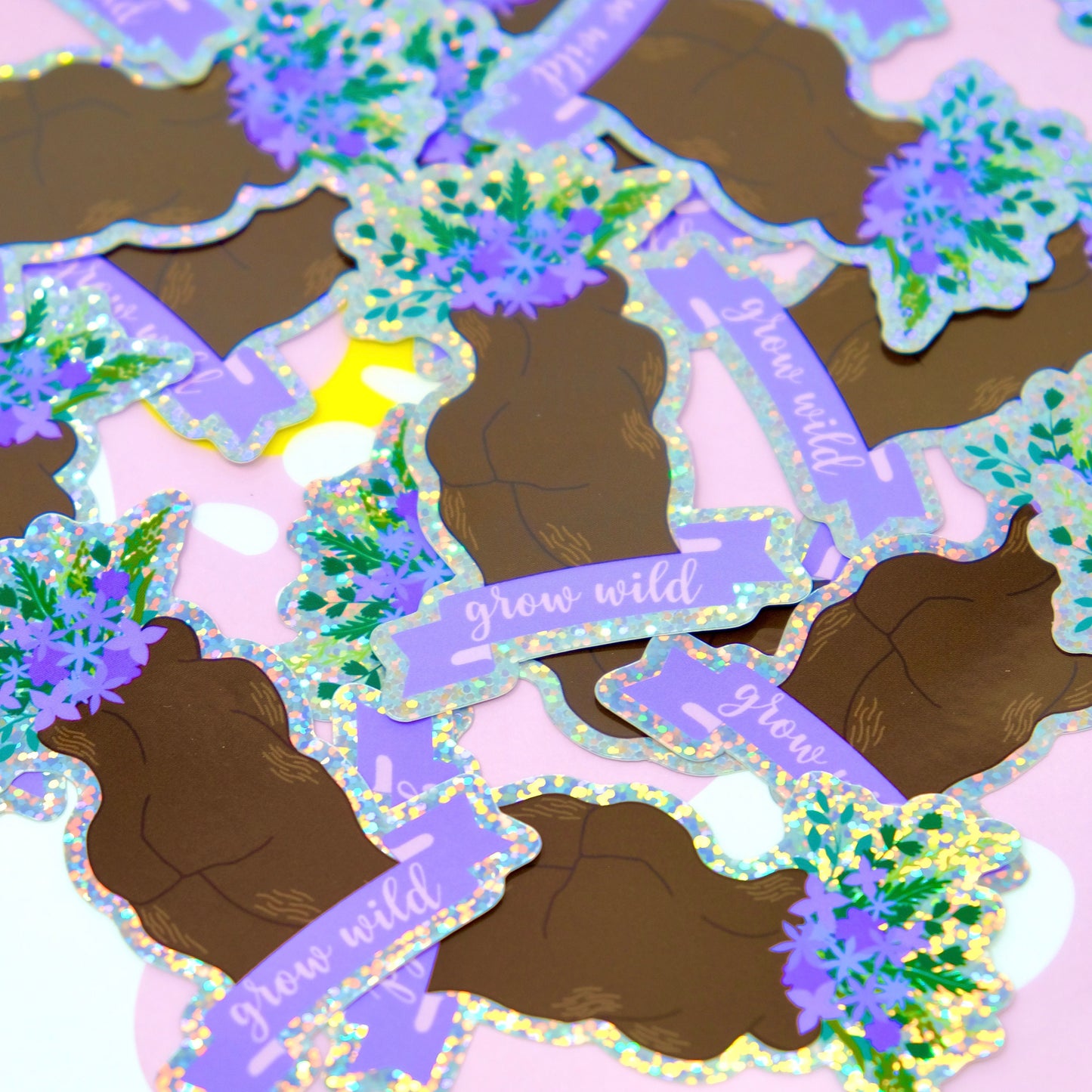 Grow Wild Self Love Glitter Sticker - Self Growth Vinyl Die Cut Sticker - Glitter Effect Vinyl Nude with Purple Flowers