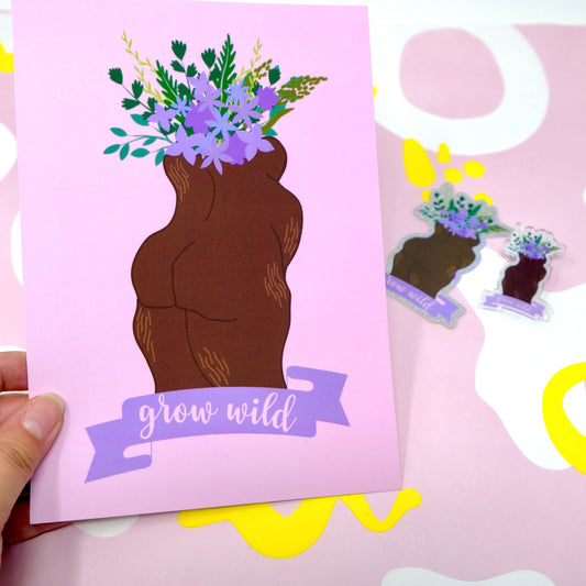 Digitally Illustrated Grow Wild Nude A5 Art Print - Colourful Heavyweight Postcard Print - Body Positive Print Wall Art